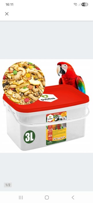 Nowe wiaderko z karmą dla papugi
