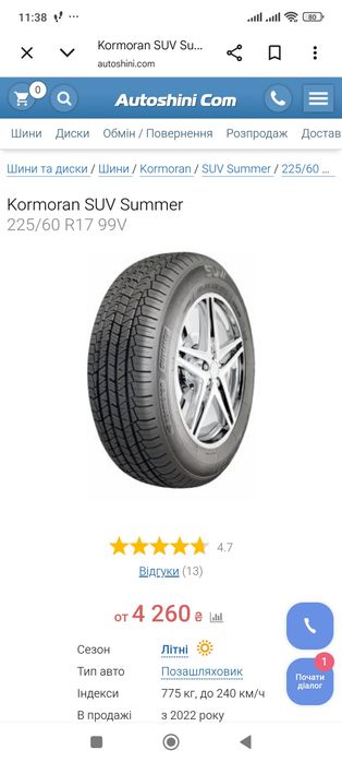 Шини літні 225 60r17
