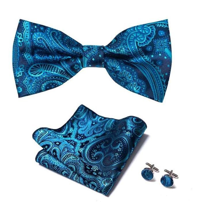 Mucha wzory poszetka spinki zestaw niebieska muszka