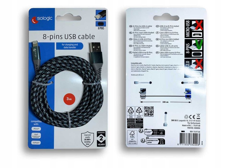 Kabel USB do ładowania i przesył. danych - Sologic®m Apple, 3m