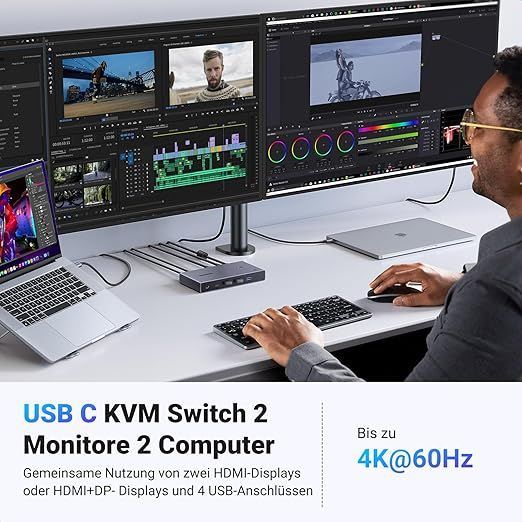 UGREEN Przełącznik KVM USB-C 2x Monitor, 4K 60Hz, 2x PC