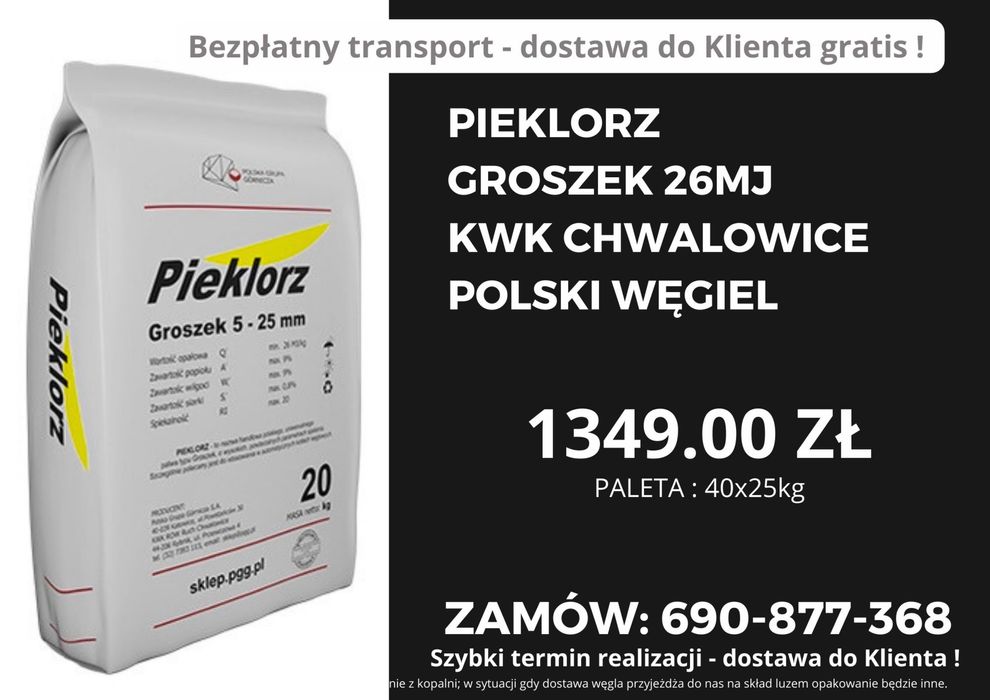 POLSKI WĘGIEL:Groszek 25 MJ JARET Plus-bezpłatny transport ANDRYCHÓW !