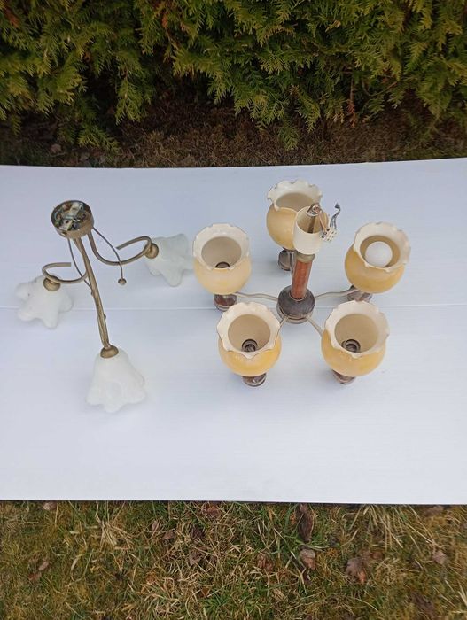 Żyrandol szkło drewno, metal