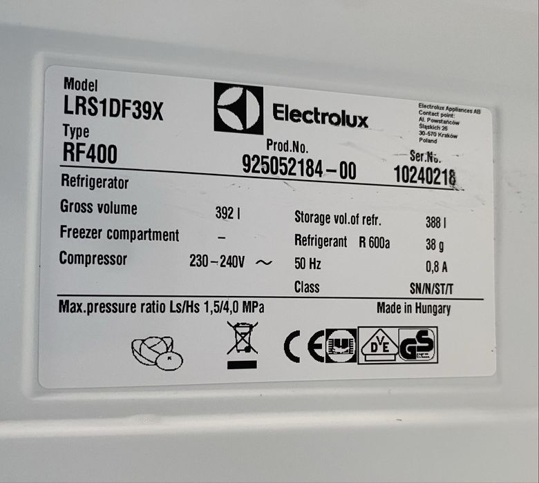 Chłodziarka Electrolux 392 litry