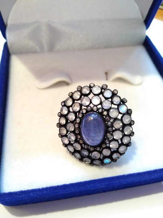 Srebrny pierścionek z naturalnym Tanzanitem i Diamentami!Certyfikat!