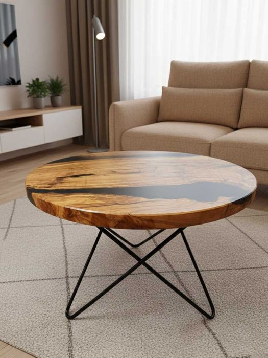 Stolik kawowy okrągły Noir 60 cm | drewno oliwne | czarna żywica