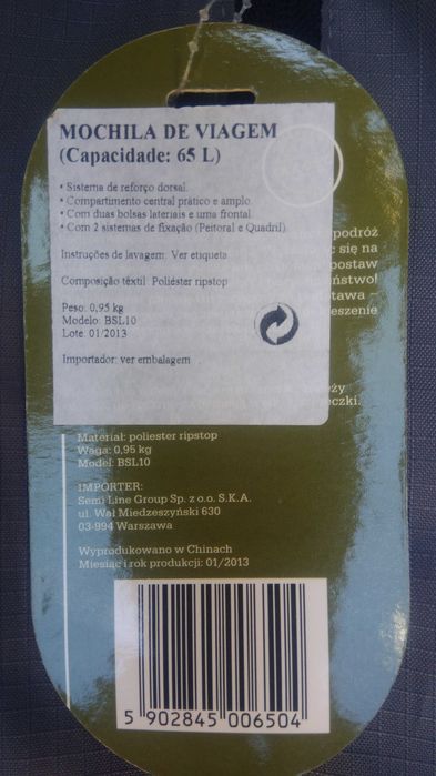 Mochila Campismo 65L PLECAK (nova)