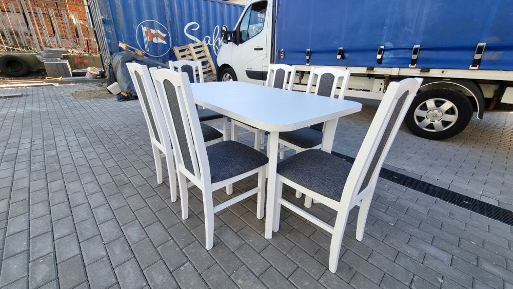 Nowe: Stół rozkładany + 6 krzeseł, biały+grafit, transport cała POLSKA