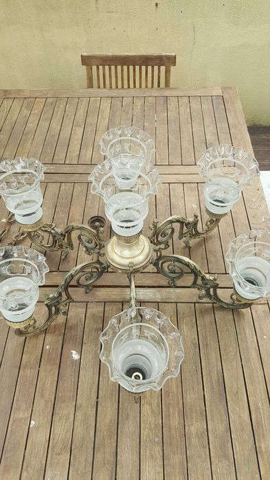 Large tin-plated ceiling chandelier with 7 original glass globes