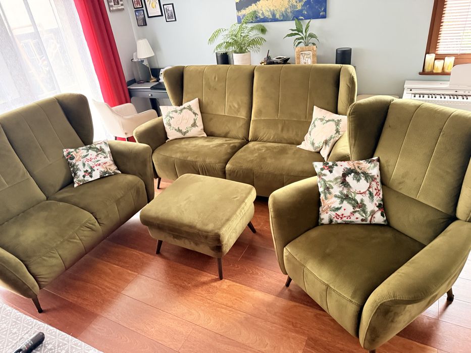 Zestaw wypoczynkowy Agata Meble, Sofa, rozkladany fotel, puf, zielony