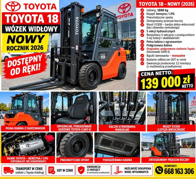 Toyota 02-8FGF18  Nowy Toyota 18 – 2026 r. – 1,8 t – LPG/Benzyna – kabina z ogrzewaniem