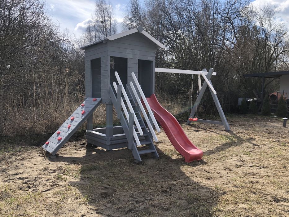 Plac zabaw DEJZI drewniany huśtawka piskownica zjeżdzalnia ścianka