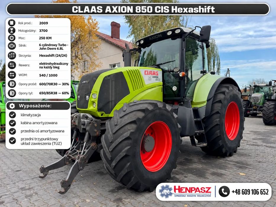Claas AXION 850 CIS Hexashift  / Klimatyzacja / Przednia oś + kabina amortyzowana / Przedni TUZ /