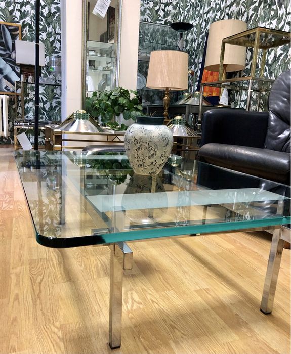 Designerski prostokątny stolik kawowy chrom+szkło