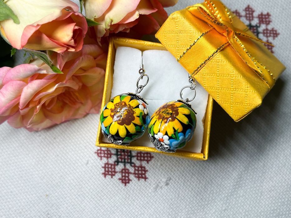 Сережки з соняхами | Біжутерія | Петриківський розпис