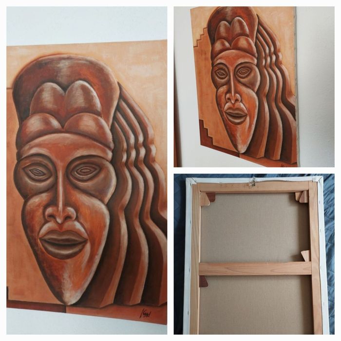 Tela pintura máscara africana oleo sobre tela 73x54cms