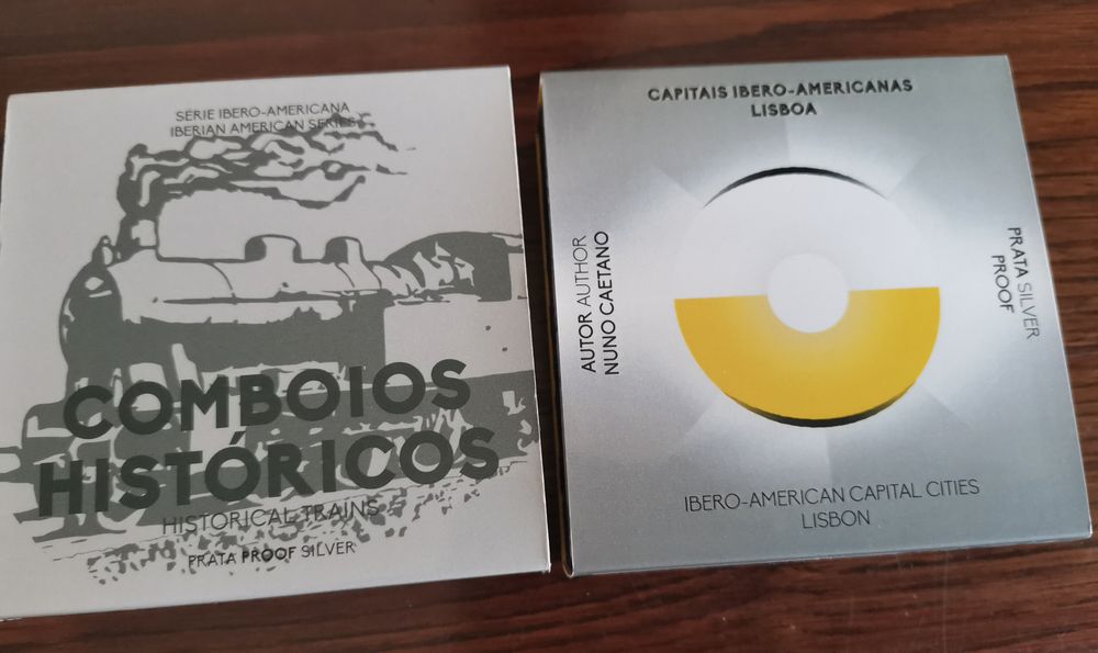 Conjunto 2 moedas proof Prata  -Ibero Americana (Elétrico e comboio)