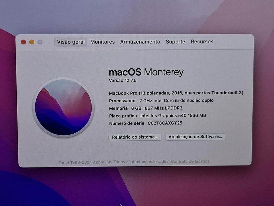 MacBook Pro Ecrã Retina 13,3" | Intel Core i5 | 8 Gigas de Memória RAM | Disco SSD PCIe | Gráfica Iris Plus Graphics 1536 MB | Mac OS Monterey | NOVO