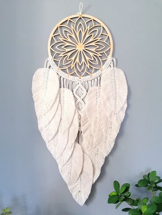 Łapacz snów duży Makrama piórka listki Mandala XXL