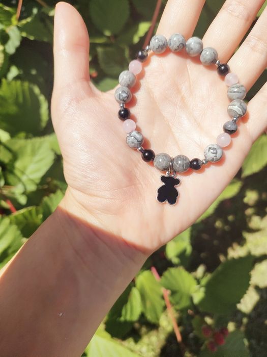 Bransoletka Jadeit, kwarc turmalinowy i różowy .miś