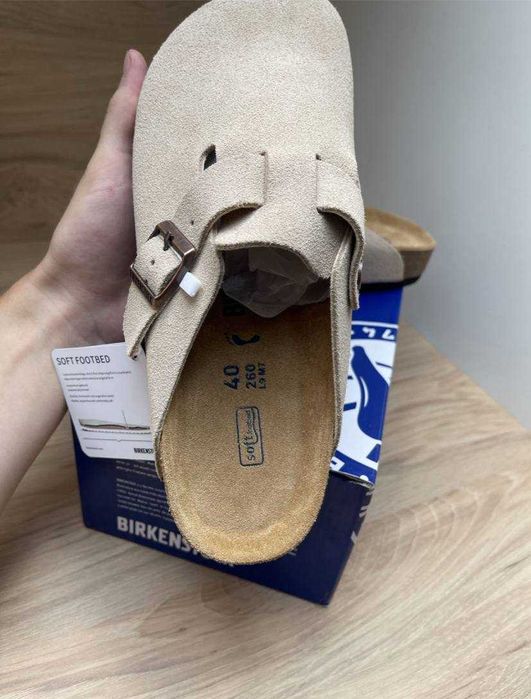 Тапки Birkenstock Beige Light slim біркеншток бостон замшеві