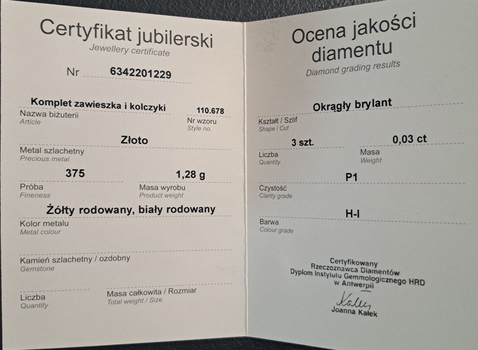 Złoty zestaw z brylantami Apart 375 certyfikat