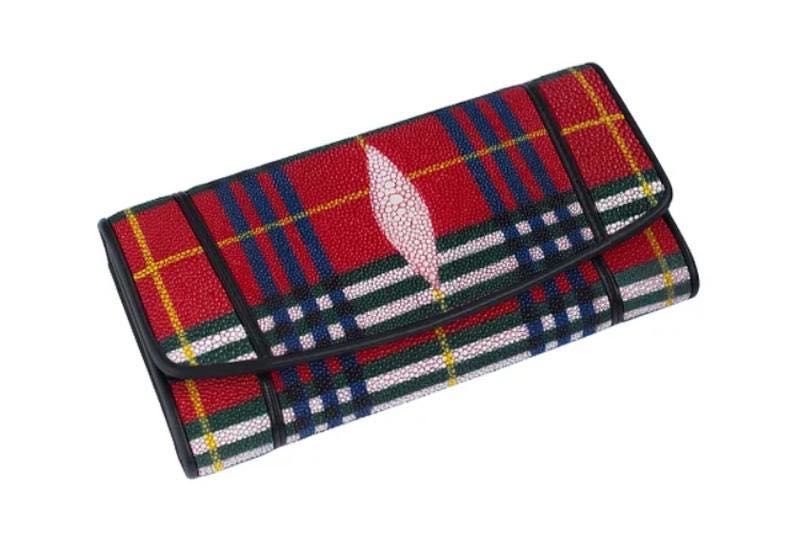 Кошелек портмоне женский из ската красный в клетку с белым глазком