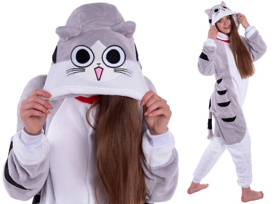 Piżama Kigurumi Kombinezon Przebranie Szary Kot 140-150 cm