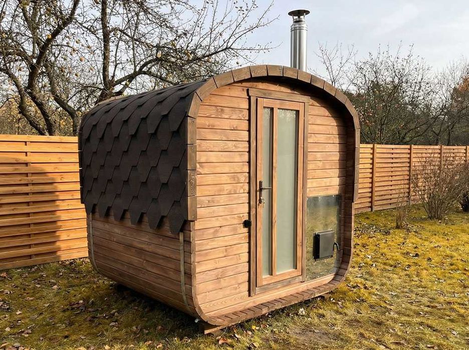 SAUNA Ogrodowa Beczka 2m Gotowa, Bez montażu (235x200 cm) + Piec + LED