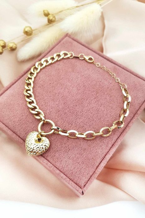 Okazała złota bransoletka z zawieszką w kształcie serca