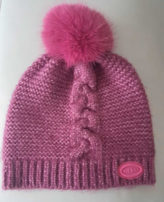 GUESS komplet: czapka beanie i szalik, z wełną -pink-piękny