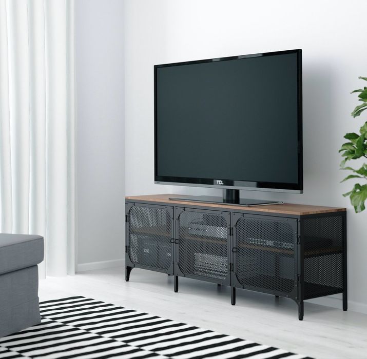 IKEA FJÄLLBO – Móvel TV industrial preto/madeira 150 cm