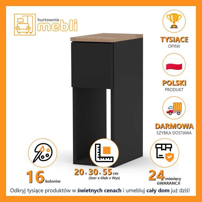 Szafka Nocna Nowoczesna Figo Wąska 20cm Z Szufladą Stolik Nocny Wysoki