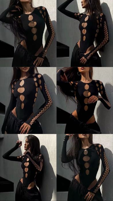 Черный Боди с длинным рукавом с вырезами новый Голый Боди секси С М Л
