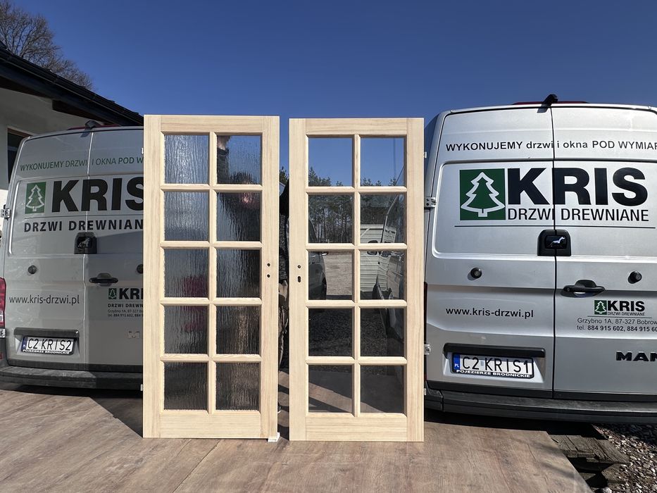 Drzwi wewnętrzne drewniane OD RĘKI lite sosnowe Szyba ornament