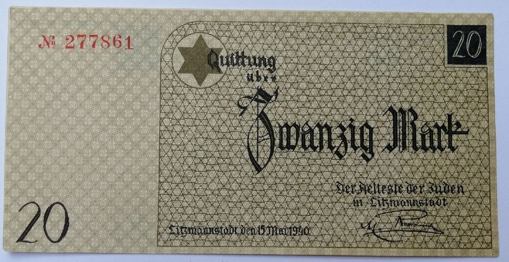 20 Marek 1940 Getto Łódź stan 1 UNC najrzadszy typ numeratora 3 tylko 999 egzemplarzy 277XXX  Unikat na skalę swiatową nie 1916 ani 1948 ani 1926
