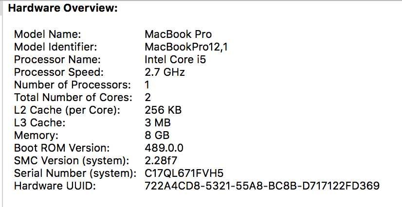 Macbook Pro 2015 MacBookPro12,1 i5 2.7, 8GB 1867MHz, Retina, 256GB SSD