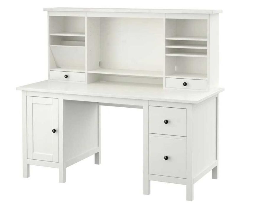 Drewniane biurko z nadstawką IKEA HEMNES (155x65 cm) – białe, bardzo pojemne