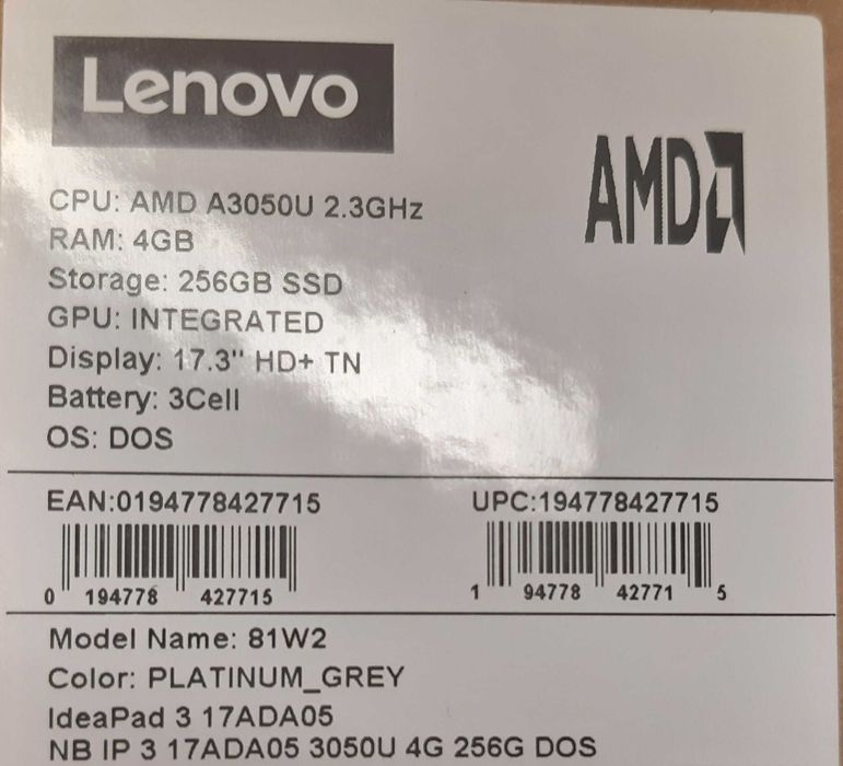Lenovo Ideapad 3-17ADA - 17"/A3050U/4GB/256GB