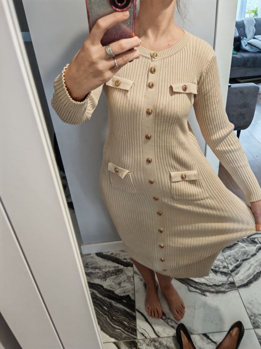 Extra długa sukienka prążek beżowa złote guziki m L XL XXL xxxl
