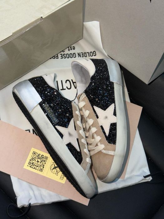 Повний комплект! Жіночі кросівки Golden Goose Super-Star in black glitter with cream  голден гус блискучі