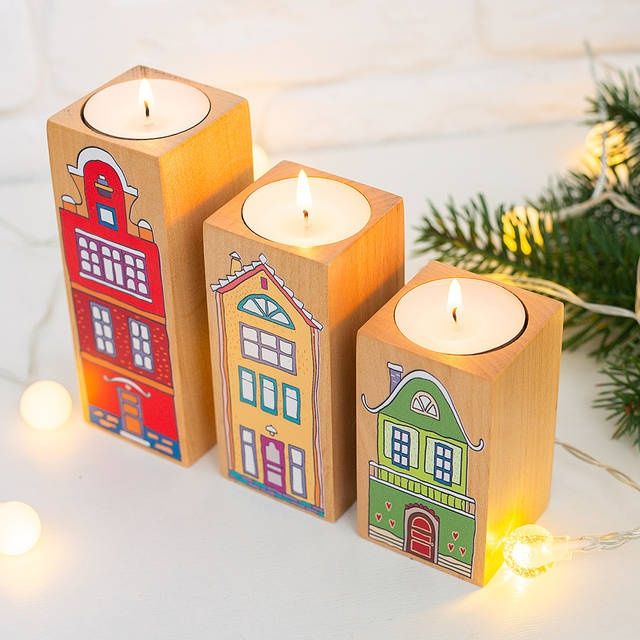 Підсвічники подарунок на Новий рік з натурального дерева, набір 3 шт