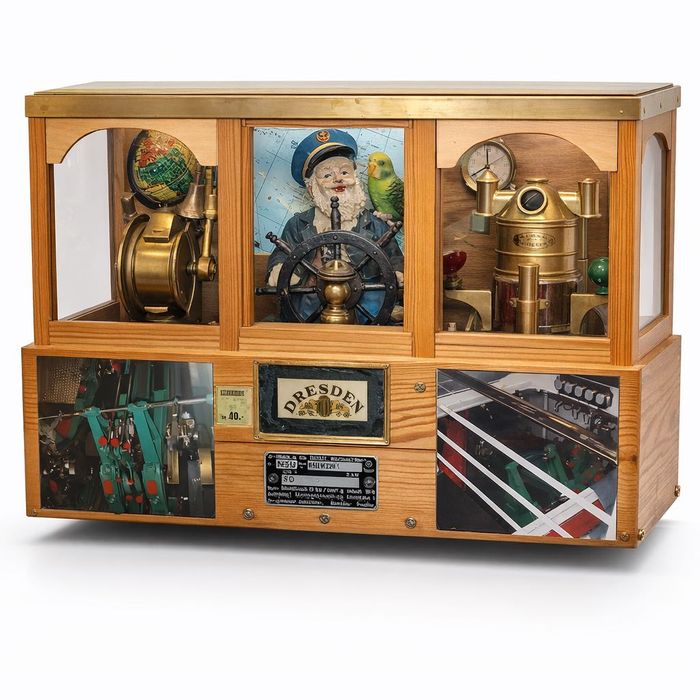 Ręcznie wykonany model kabiny kapitana statku / sterówki – drewno, szkło, mosiądz