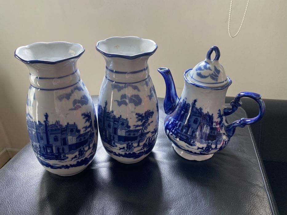 Decorative Blue-and-White Ceramic Jugs and Teapot