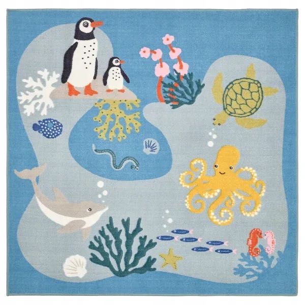 IKEA BLAVINGAD Dywan zwierzęta oceanu 133x133 cm