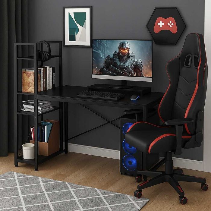 NOWE Biurko Loft Gamingowe Biurowe Czarne z Półkami 120x60cm Okazja FV