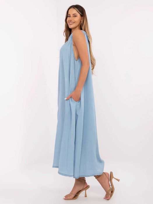Niebieska Sukienka Maxi Oversize 100% Lyocell Italy Moda