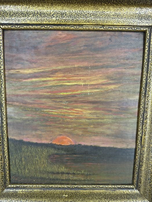 Obraz olejny na desce – Zachód słońca, sygnowany