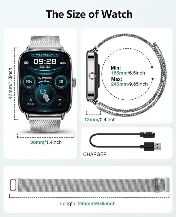 Смарт годинник Smart Watch Fitpolo IDW28 Silver, 1.85” HD дисплей, Bluetooth дзвінки, 100+ режимів, IP68. Металевий ремінець.