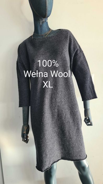 Sukienka 100% Wełna. Rozmiar XL. Oversize. Kieszenie. Grafitowa Czarna